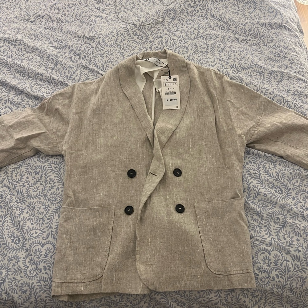 Zara Beige Linen Blazer with Black Accents